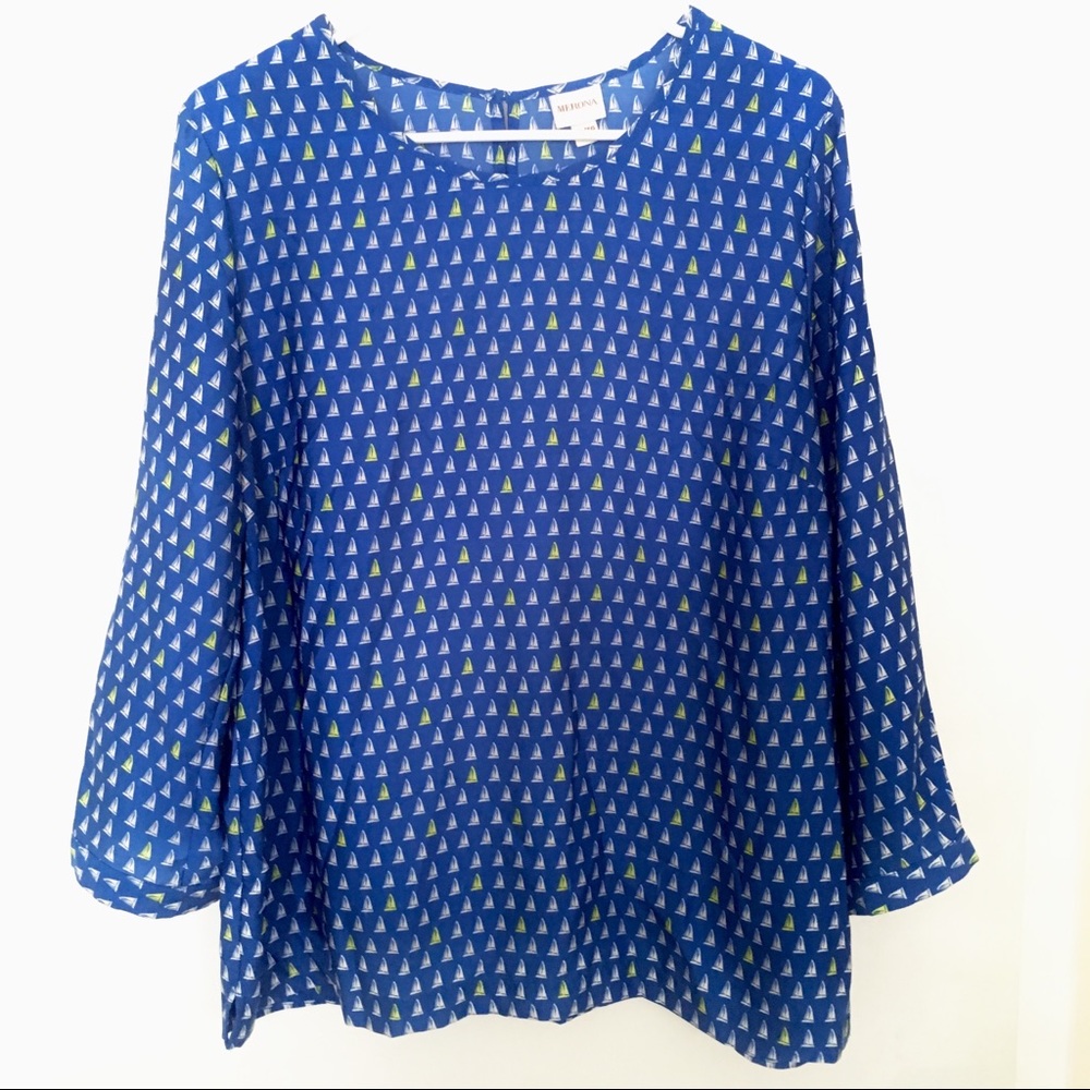 Merona XL blue dressy blouse top novelty boat VGUC